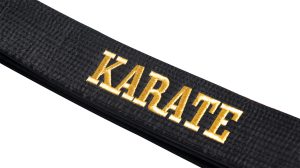 Ceinture de budo en optique brillante avec boîte (avec broderie) « KARATE »