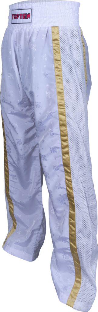 Pantalon de kickboxing « Mesh » – Taille XL = 190 cm, blanc-or