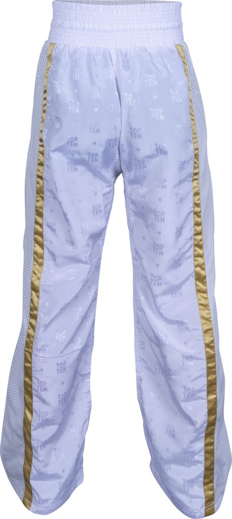 Pantalon de Kickboxing « Mesh » – Taille XXL = 200 cm, blanc-or