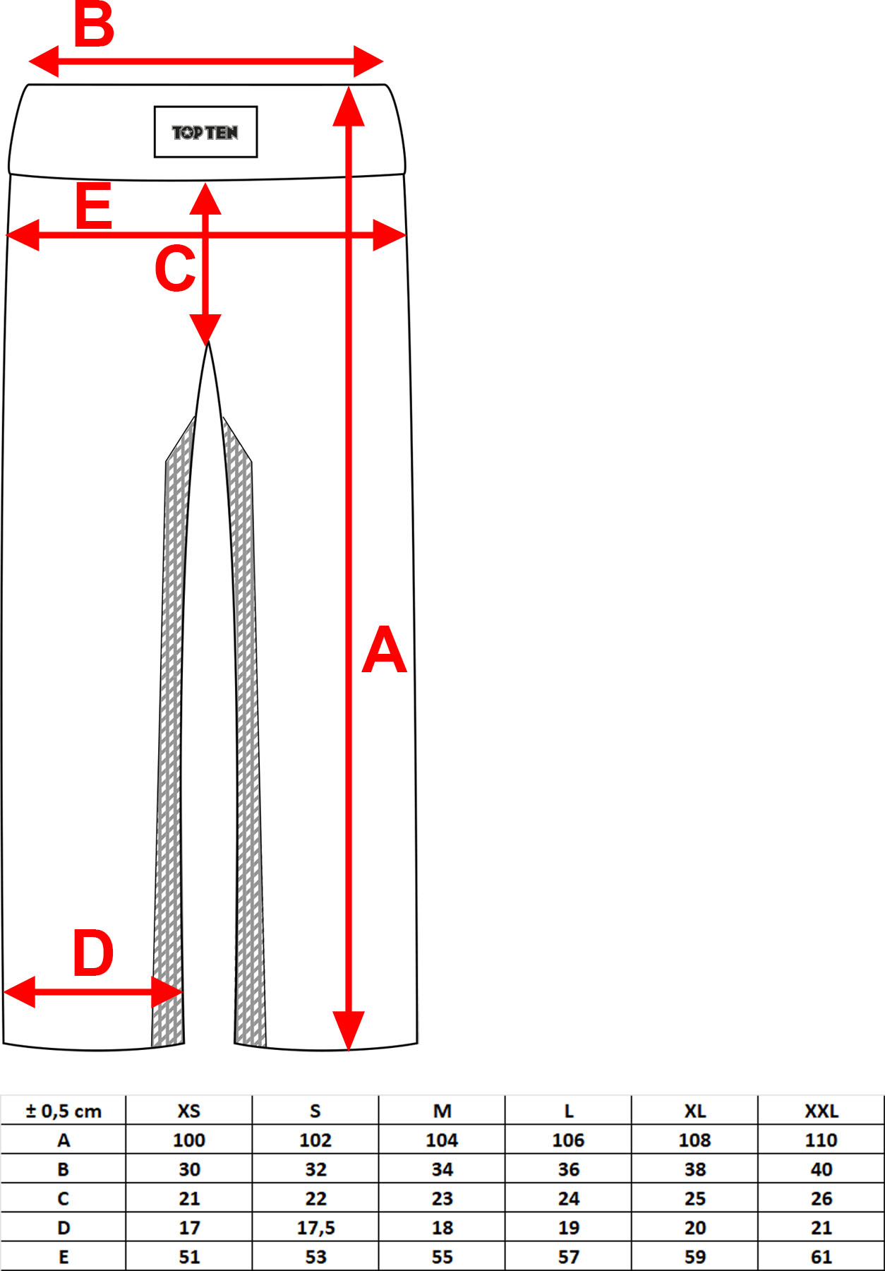 top-ten-kickboxing-pant-slim-fit-black-black-16141-size-chart Pantalon de kickboxing « SlimFit » – Image 3