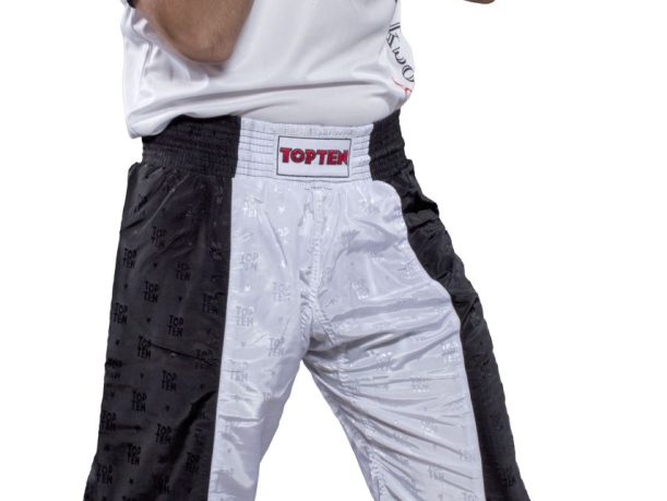 Pantalon de kickboxing « Flame » – Taille XXL = 200 cm, blanc-noir