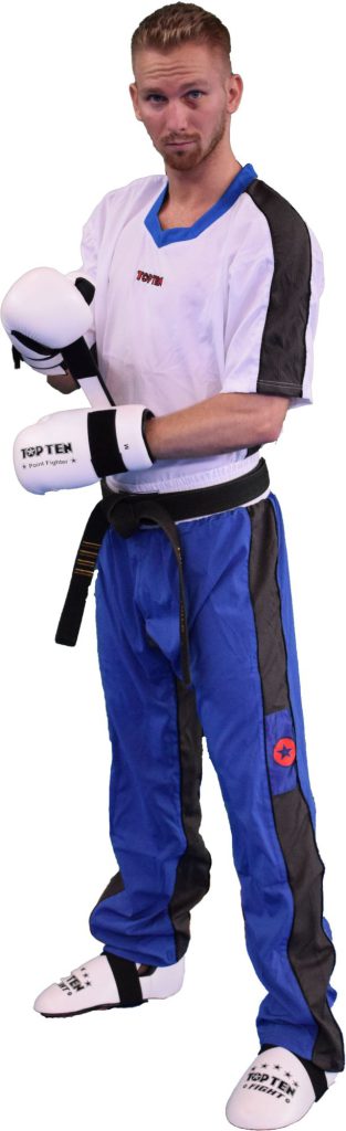Uniforme de kickboxing « FLEXZ » – Taille S = 160 cm, bleu-blanc