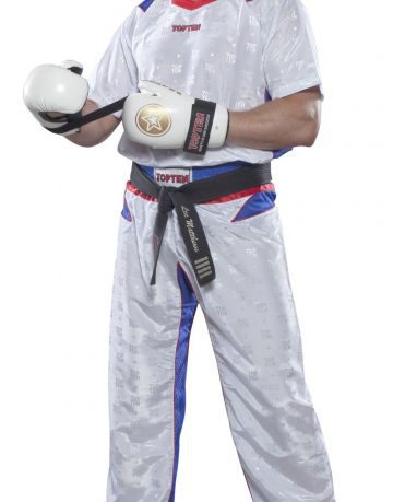 Uniforme de kickboxing « TTM » – Taille XL = 190 cm, blanc-bleu