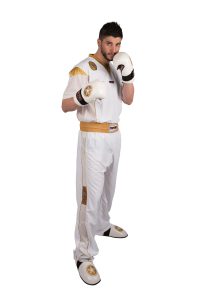 Uniforme de kickboxing « Star Edition » pour enfants – taille XS = 150 cm, blanc-or